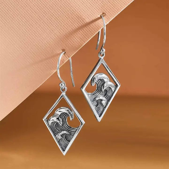 Sterling Silver 3 Waves Dangle Earrings 40x18mm