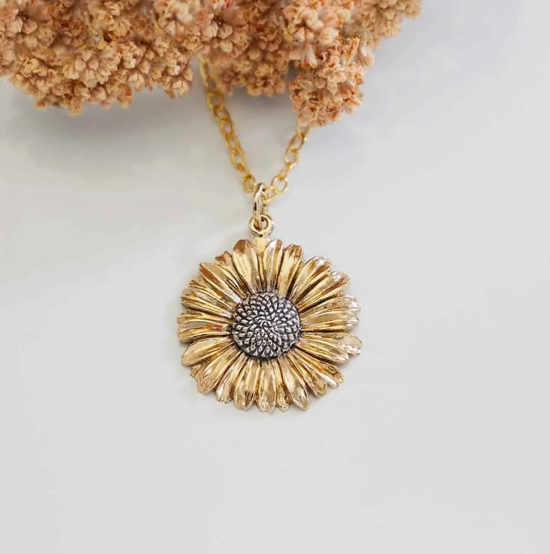 Bronze and Silver Daisy Necklace with Gold Fill Chain