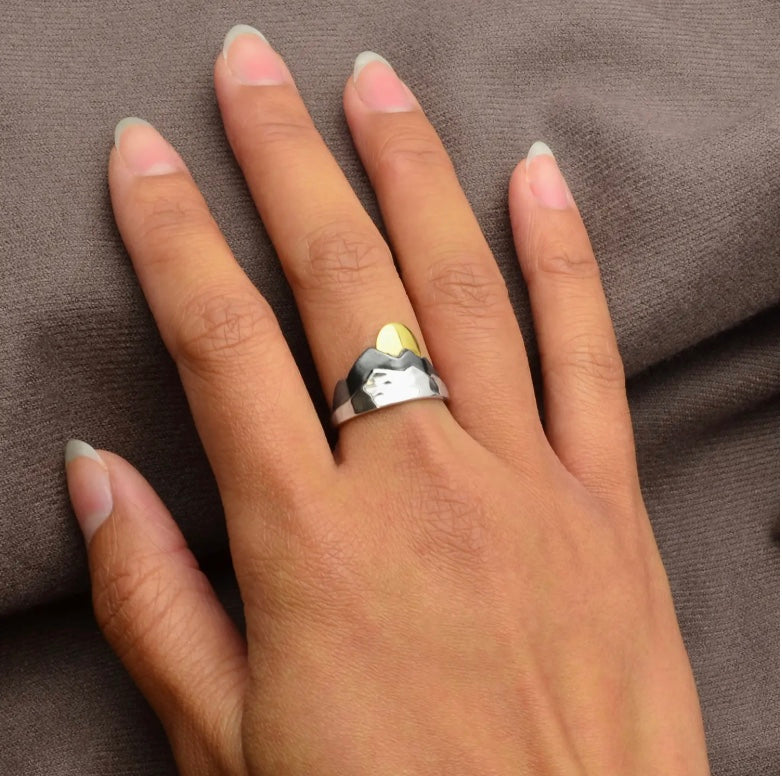 Sterling Silver Layered Mountain Ring with Bronze Sun