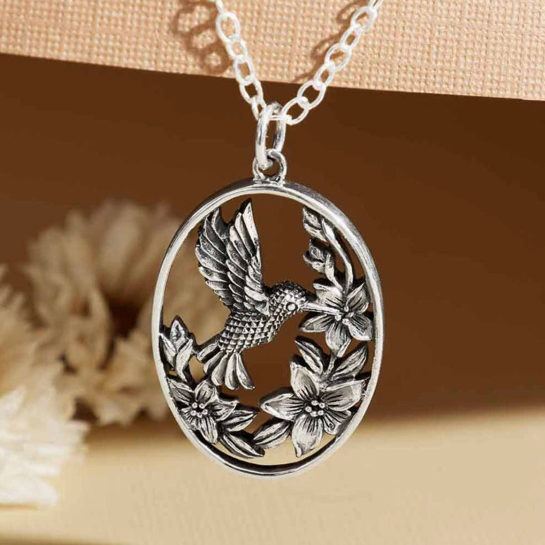 Sterling Silver Flowers and Hummingbird Necklace