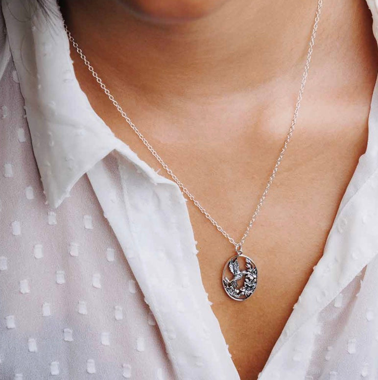 Sterling Silver Flowers and Hummingbird Necklace