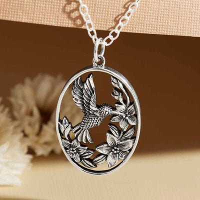 Sterling Silver Flowers and Hummingbird Necklace