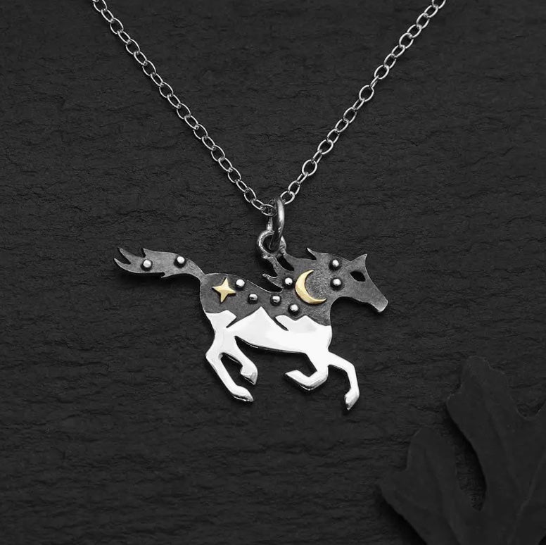 Sterling Silver Horse Necklace with Bronze Moon