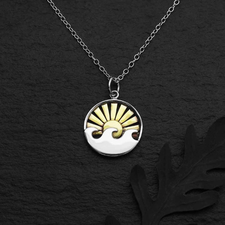 Sterling Silver Wave Necklace with Bronze Sun