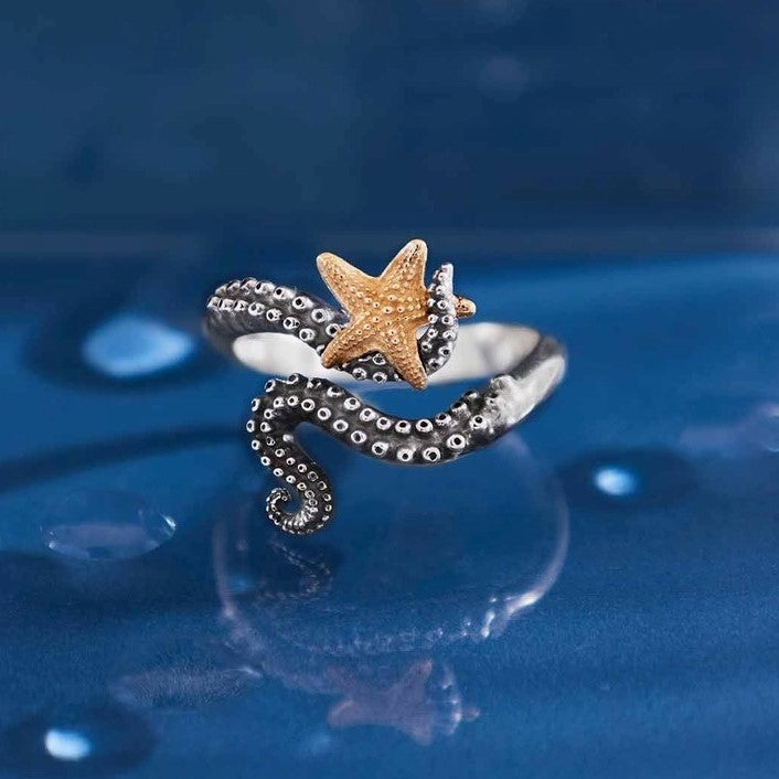 Adjustable Octopus Ring with Bronze Starfish