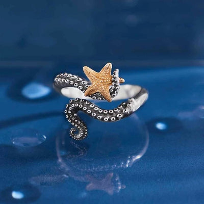 Adjustable Octopus Ring with Bronze Starfish