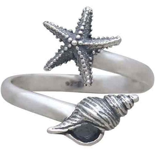 Adjustable Starfish and Conch Shell Ring