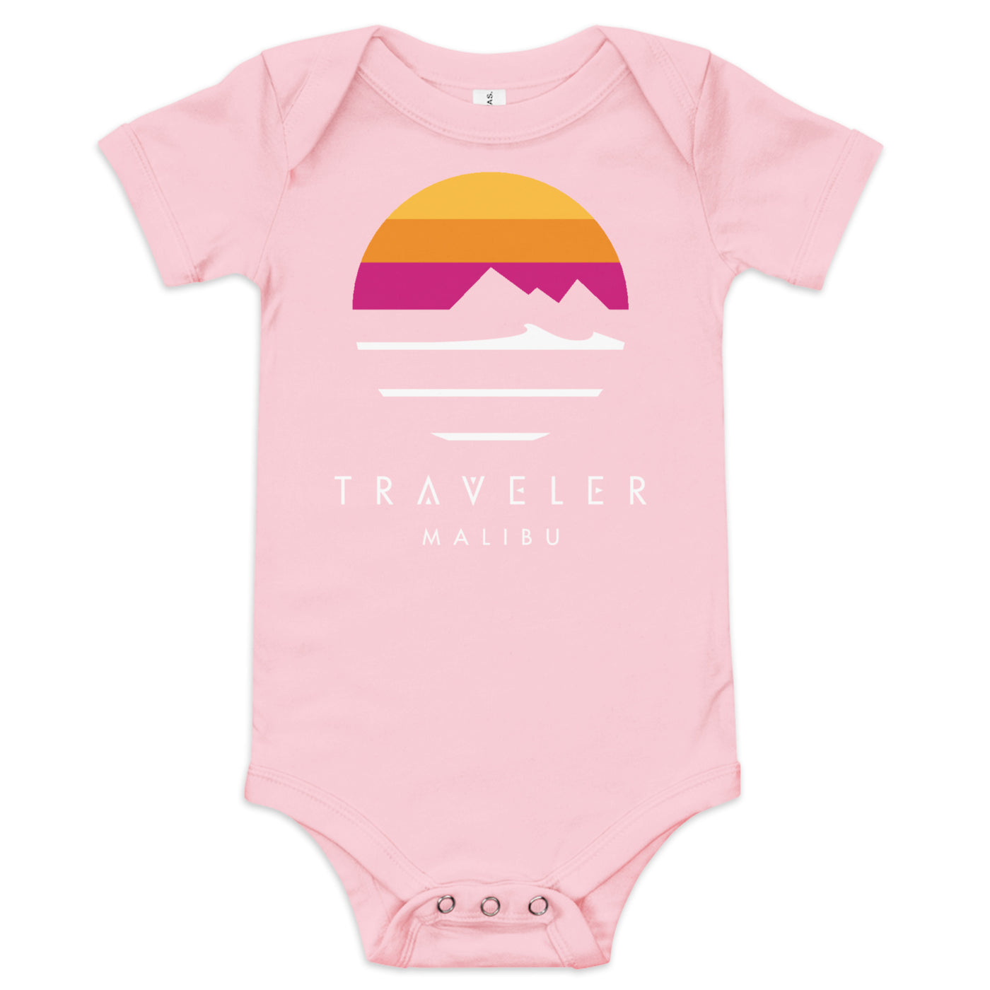 Traveler Malibu Sunset Logo Baby Onesie