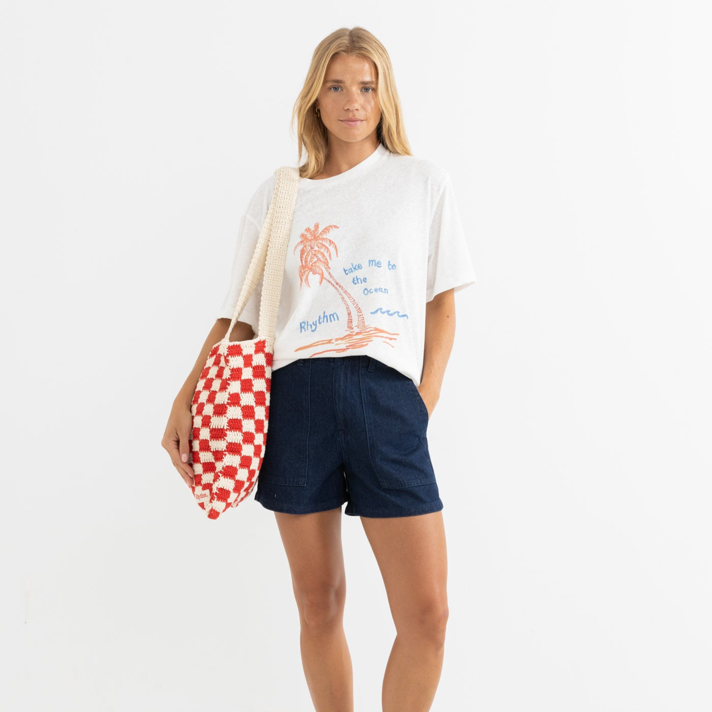lola check crochet tote bag