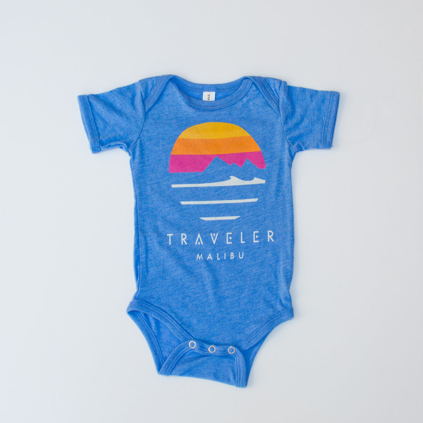 Traveler Malibu Sunset Logo Baby Onesie
