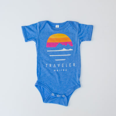 Traveler Malibu Sunset Logo Baby Onesie