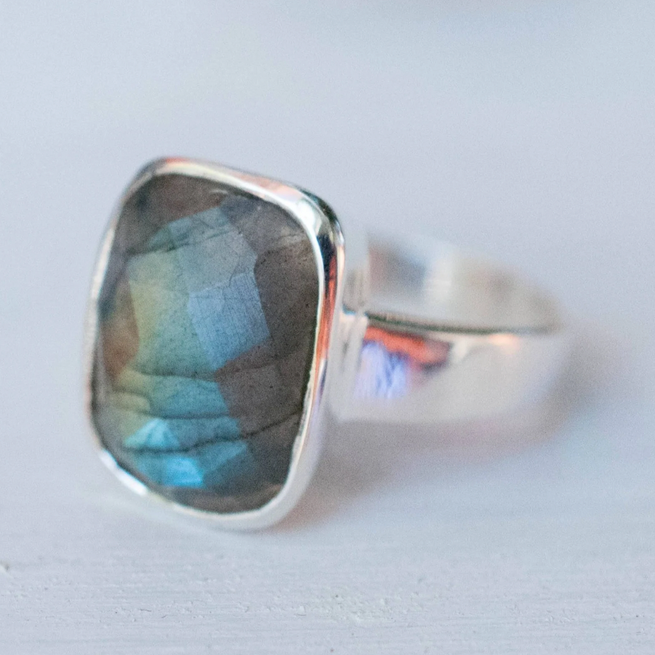 Rectangle Rainbow Labradorite Ring