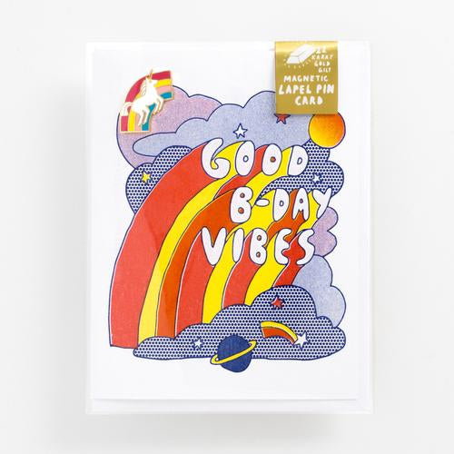 Unicorn & Rainbow Lapel Pin with Good Vibes Card
